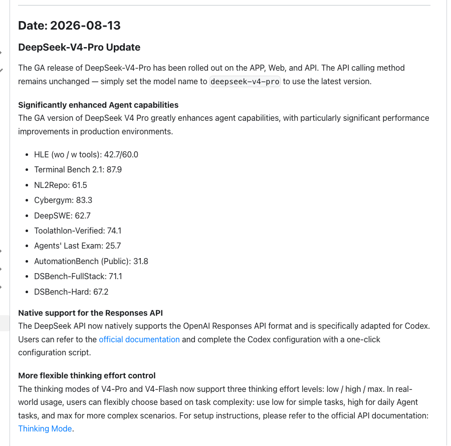 DeepSeek 官方更新页截图，显示 V4 Pro 正式上线和 Agent 基准成绩