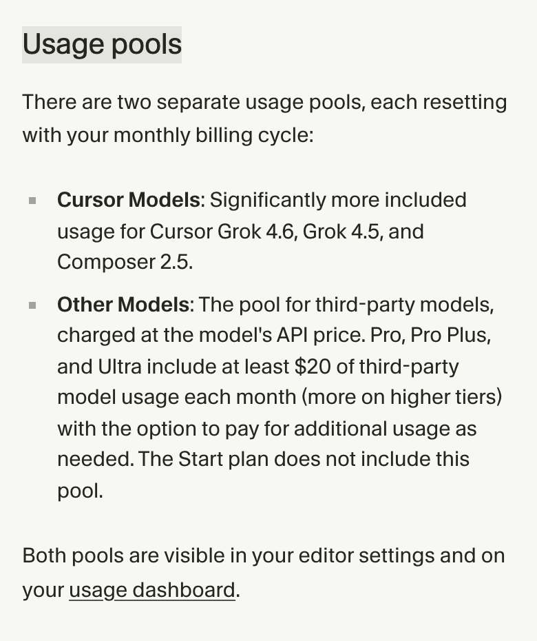 Cursor Models & Pricing 文档移动端截图，列出 Cursor Models 与 Other Models 两个使用池