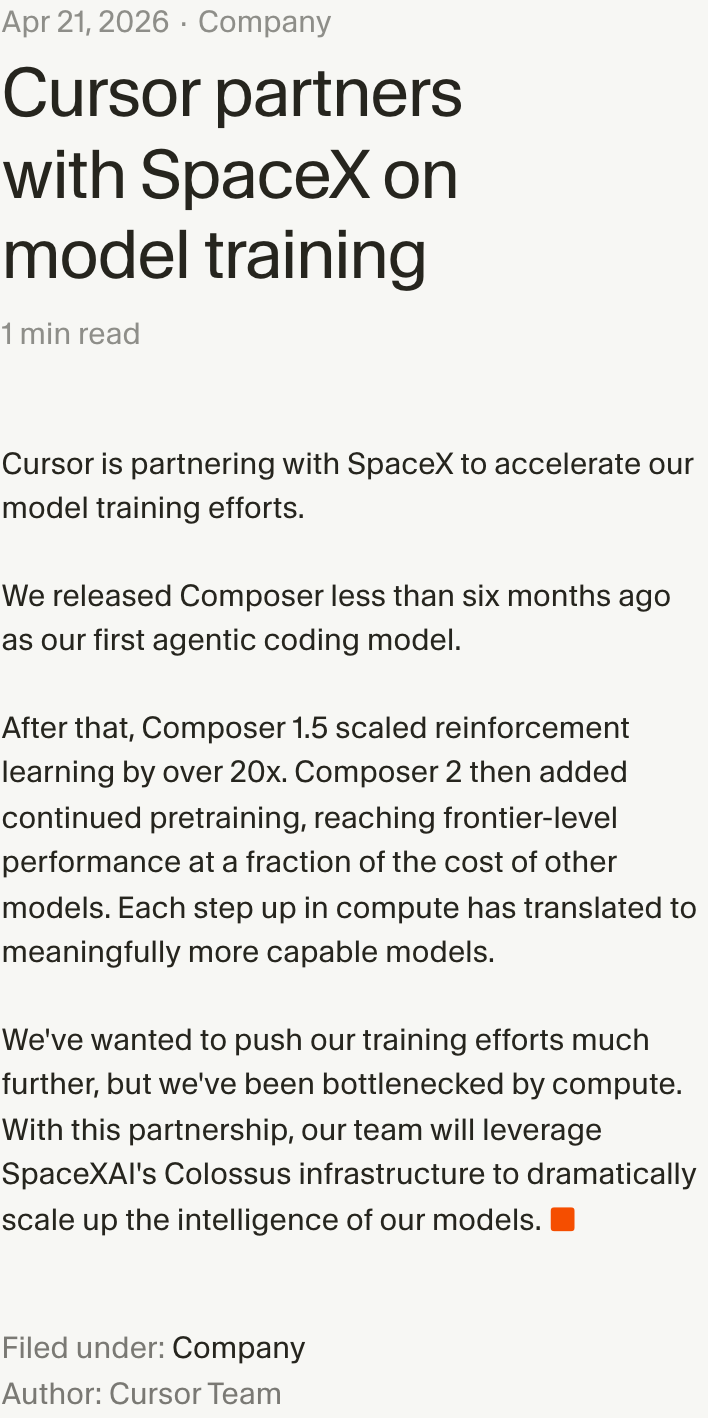 Cursor 4 月 21 日官方合作公告移动端截图，提到 Composer 1.5、Composer 2 和 Colossus