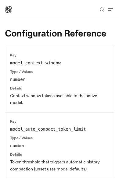 OpenAI 配置参考,显示 model_context_window 与 model_auto_compact_token_limit 的字段说明
