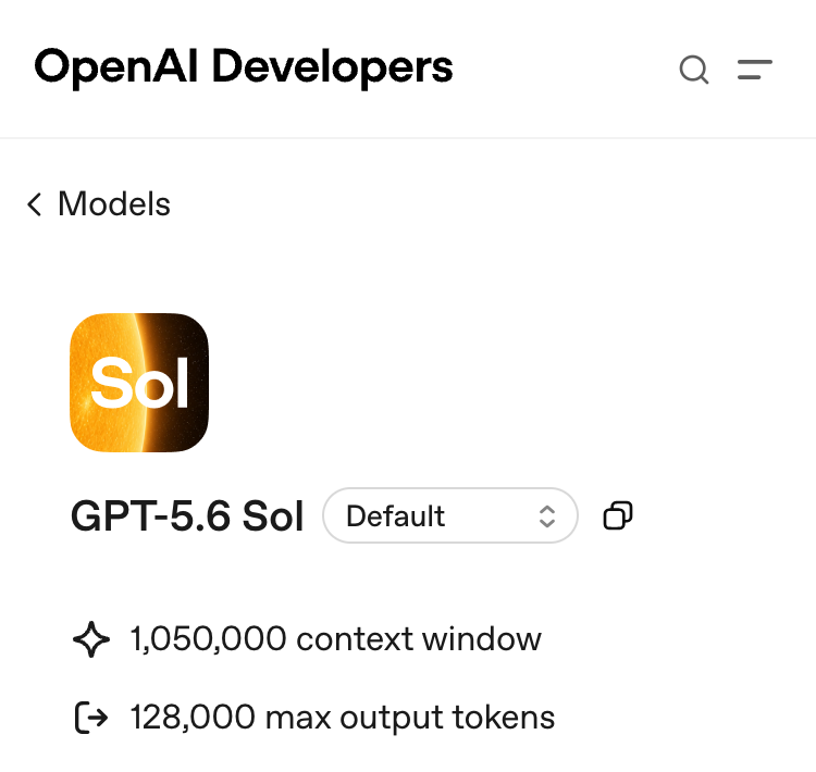 OpenAI Developers 的 GPT-5.6 Sol 页面,显示 1,050,000 上下文窗口和 128,000 最大输出